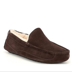 UGG Ascot Suede Moc Toe Slippers Brown Shearling Lined Slip On Heel 10
